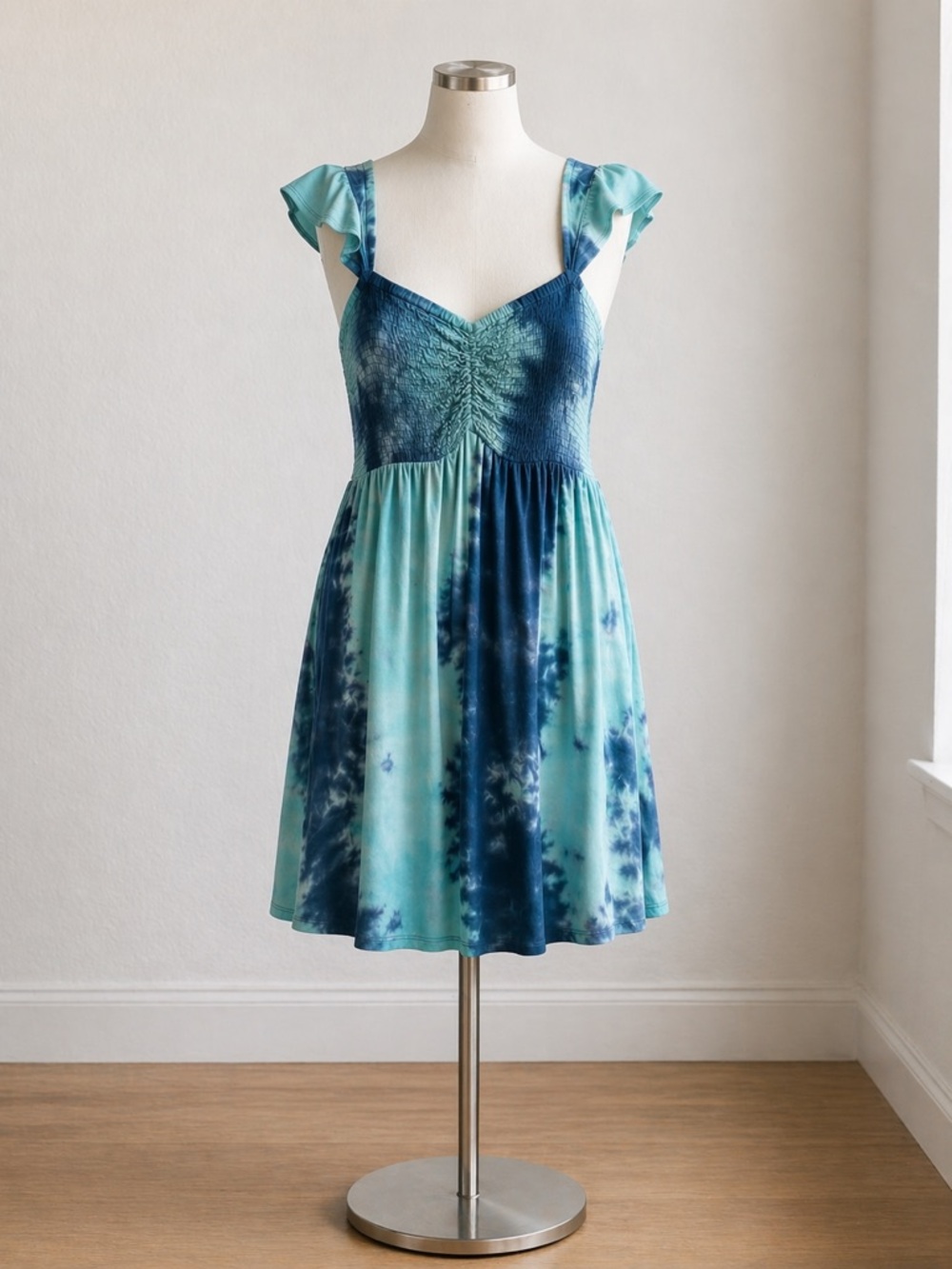Tie-Dye Blue & Aqua Sundress with Ruffle Straps Size XL‎